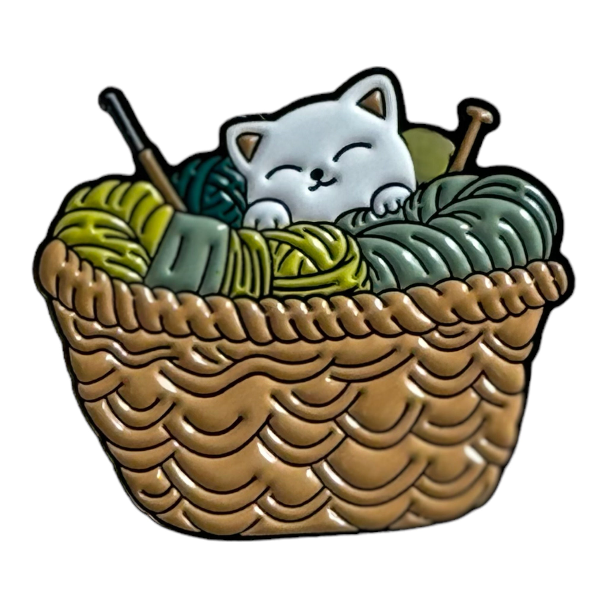 Basket with Yarn and Kitty Pin